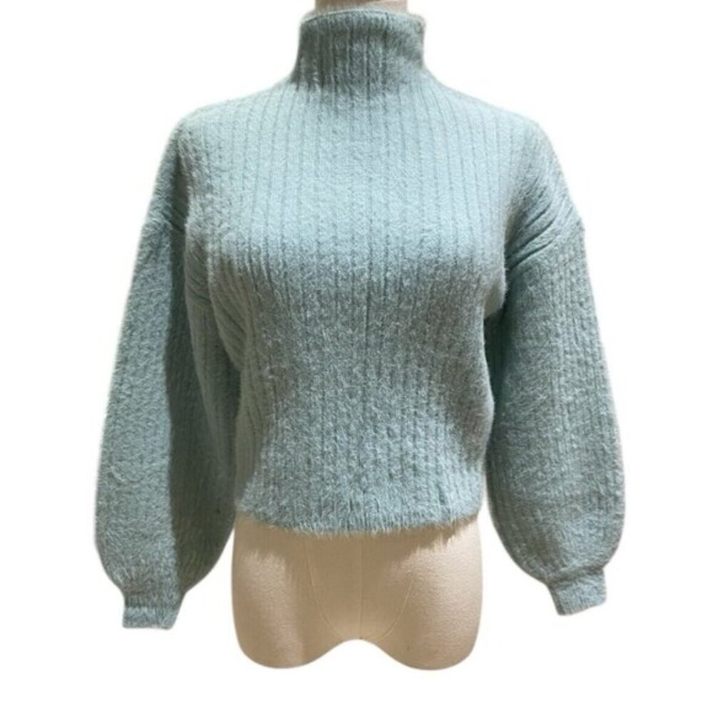 Prims Baby Blue Feather Knit Fuzzy Eyelash Sweater Turtleneck Pullover SZ S NEW